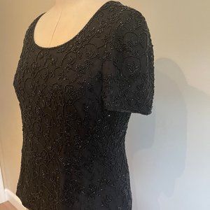 Occasions Cropped Beaded Black Flowers Silk Top Size L